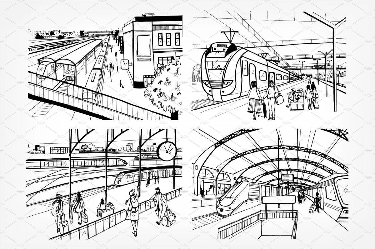 Удивительная страница раскраски железнодорожный вокзал для детей