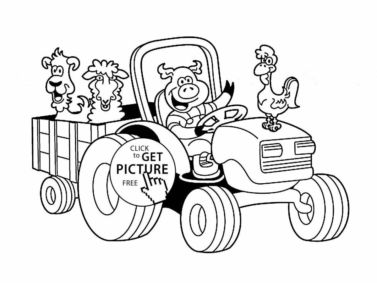Coloring page happy tractor with cart