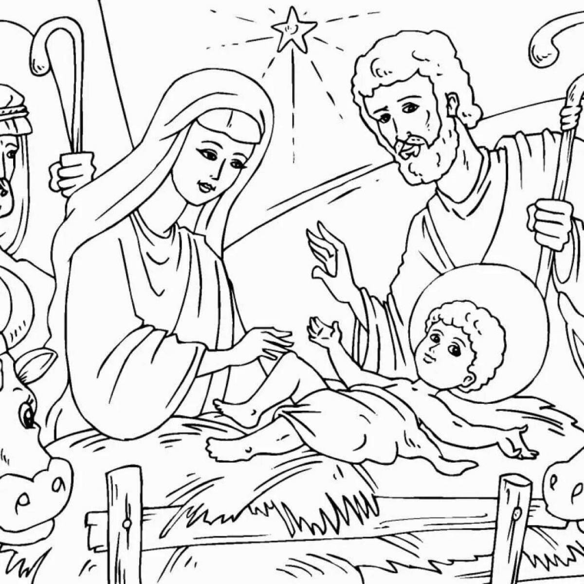 Coloring page glowing jesus in the manger