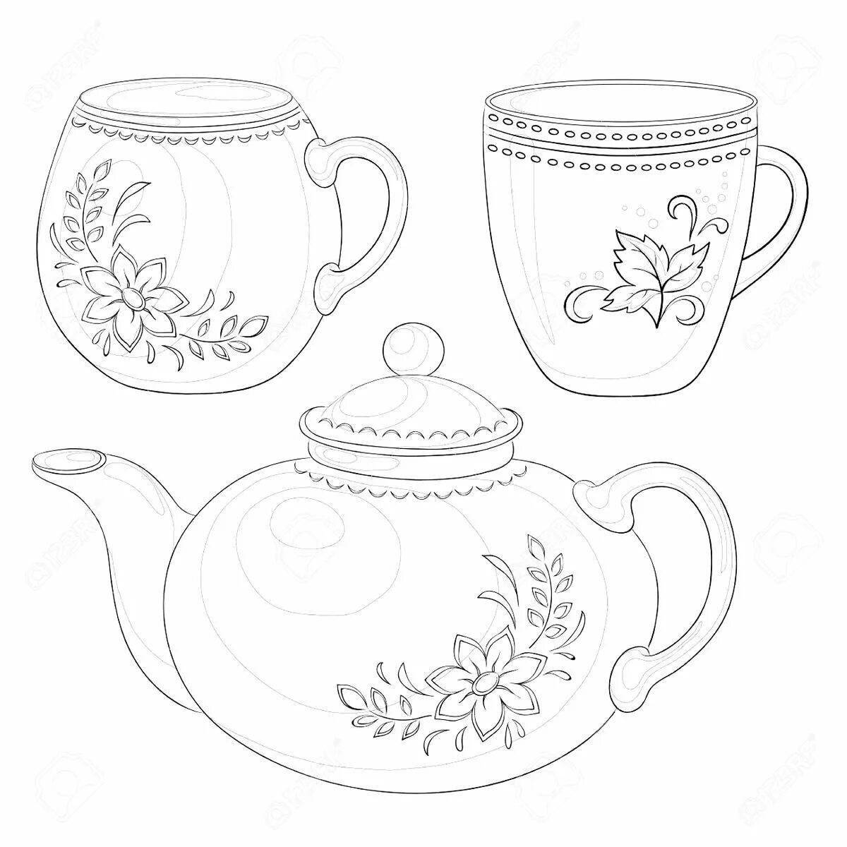 Bright teapot and mug coloring book