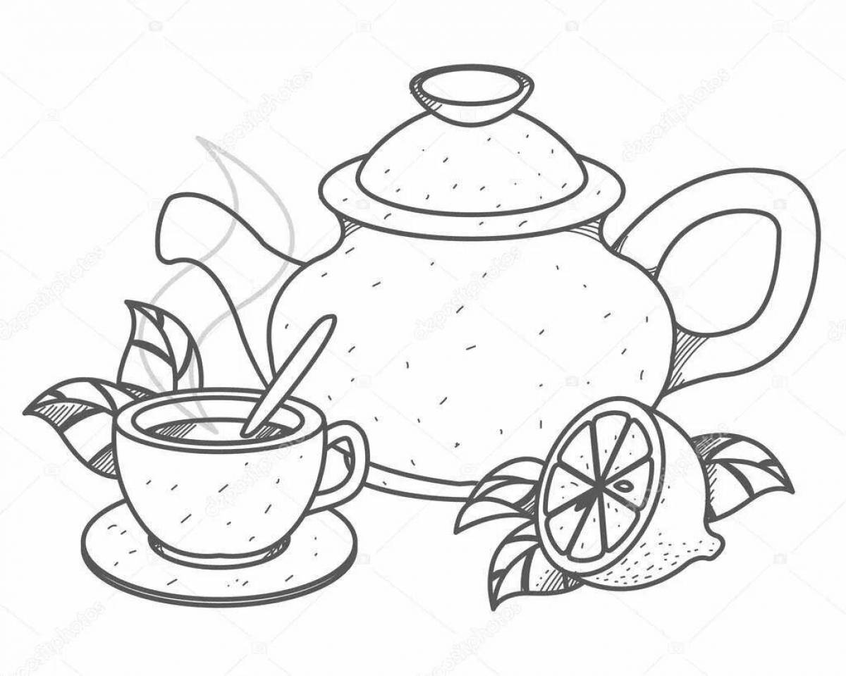Coloring book bright teapot and mug