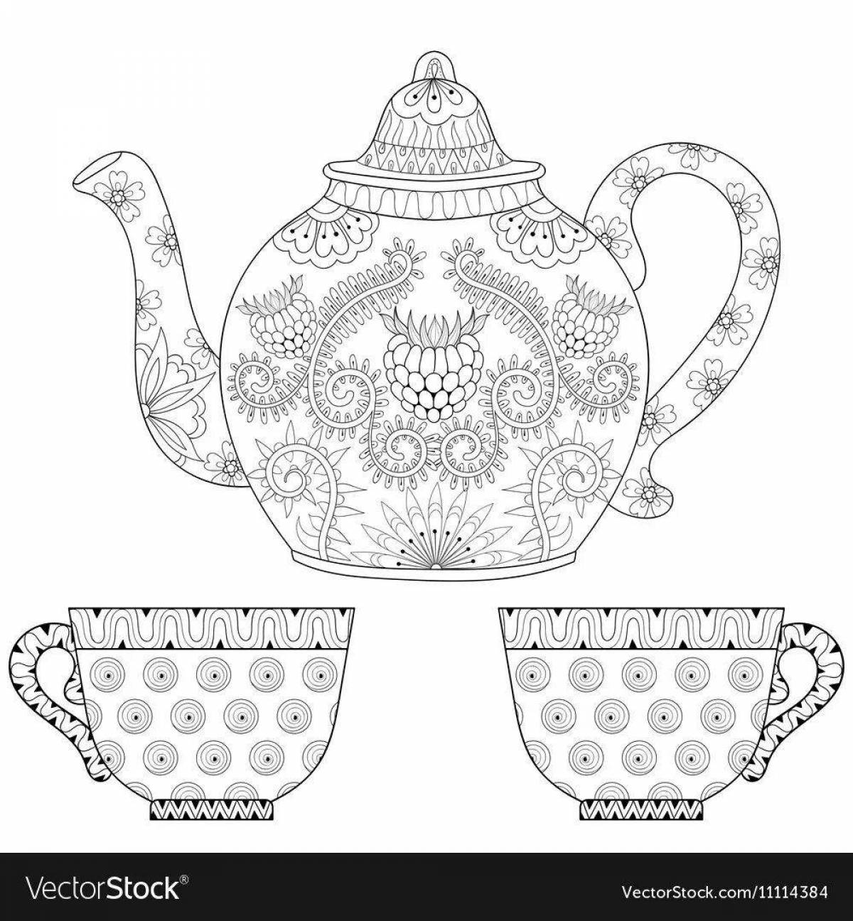Playful teapot and mug coloring page