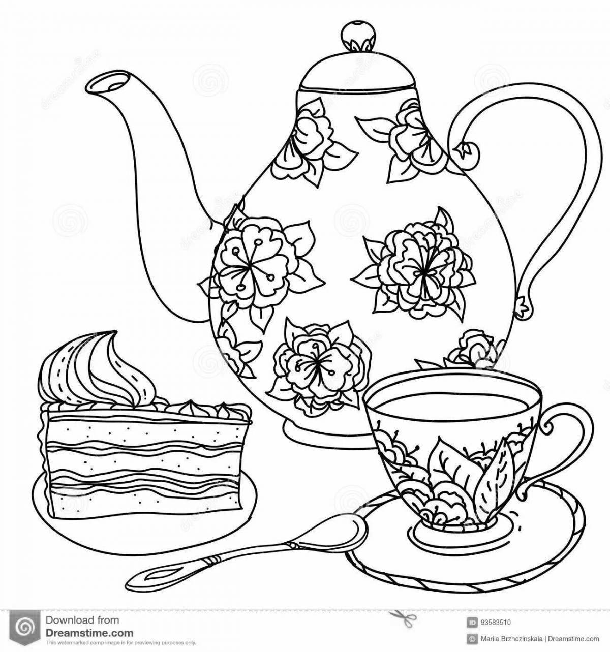 Glowing teapot and mug coloring page