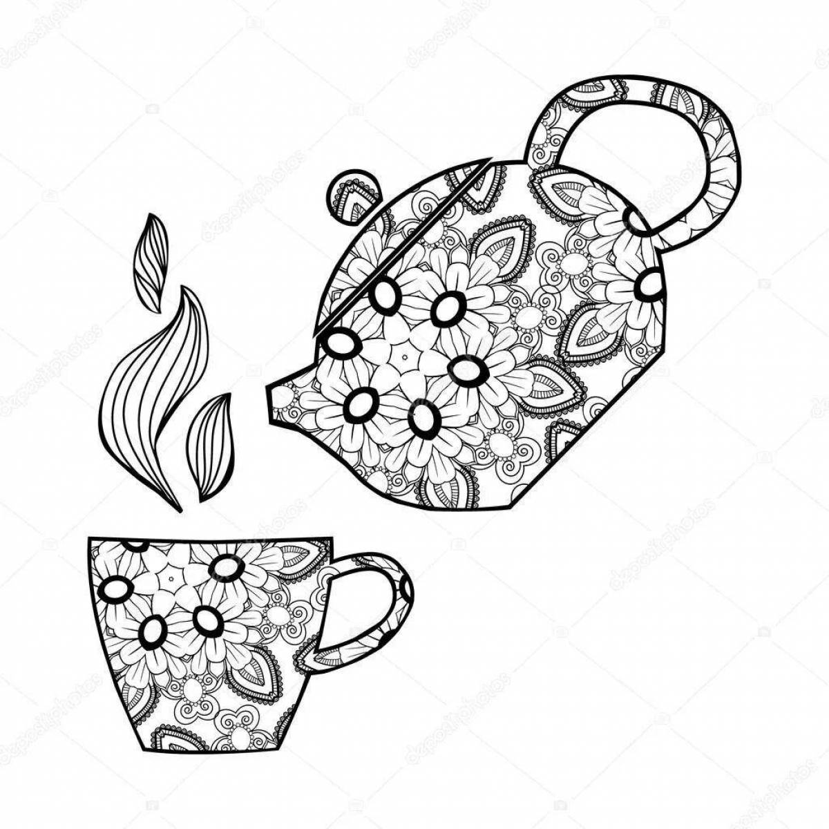 Анимированная страница раскраски с чайником и кружкой