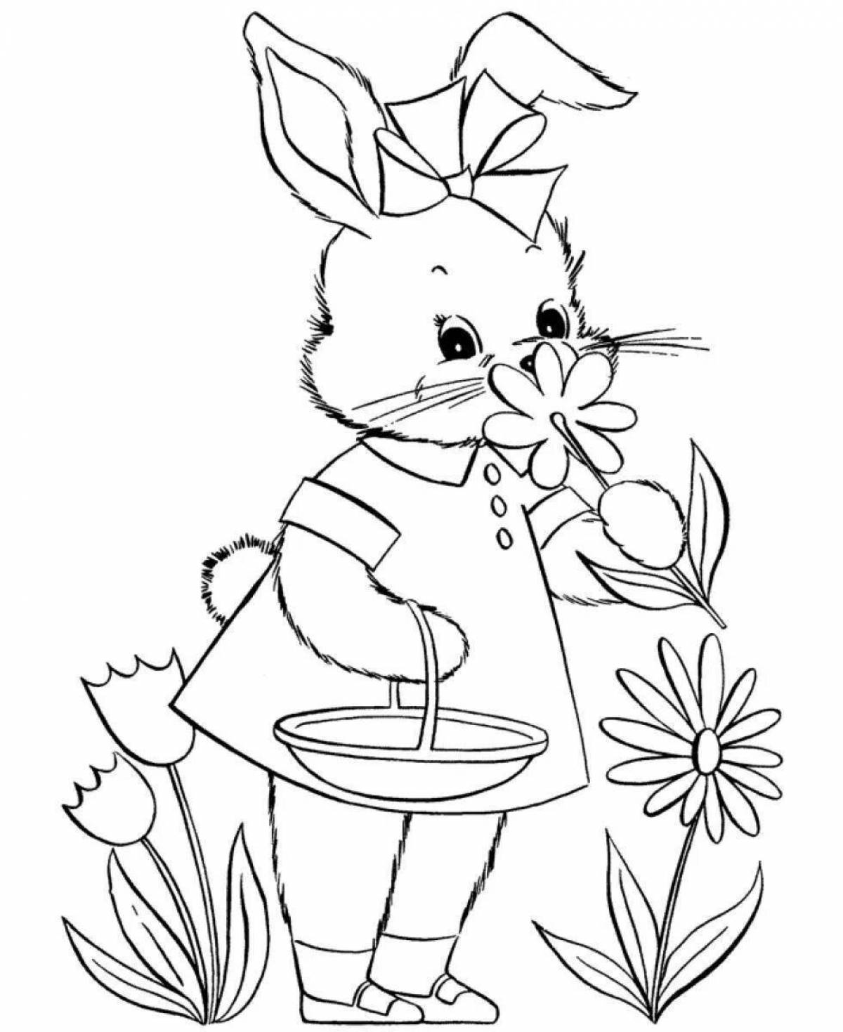 Joyful bunny coloring book with a bow