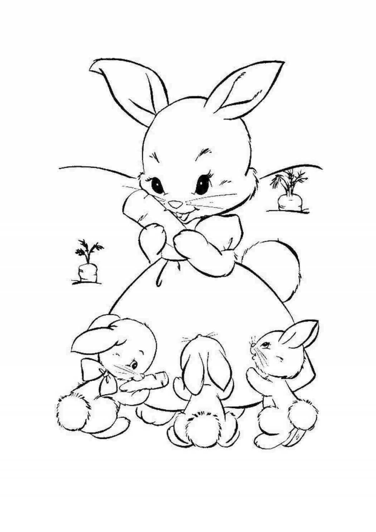 Smiling bunny coloring book with a bow