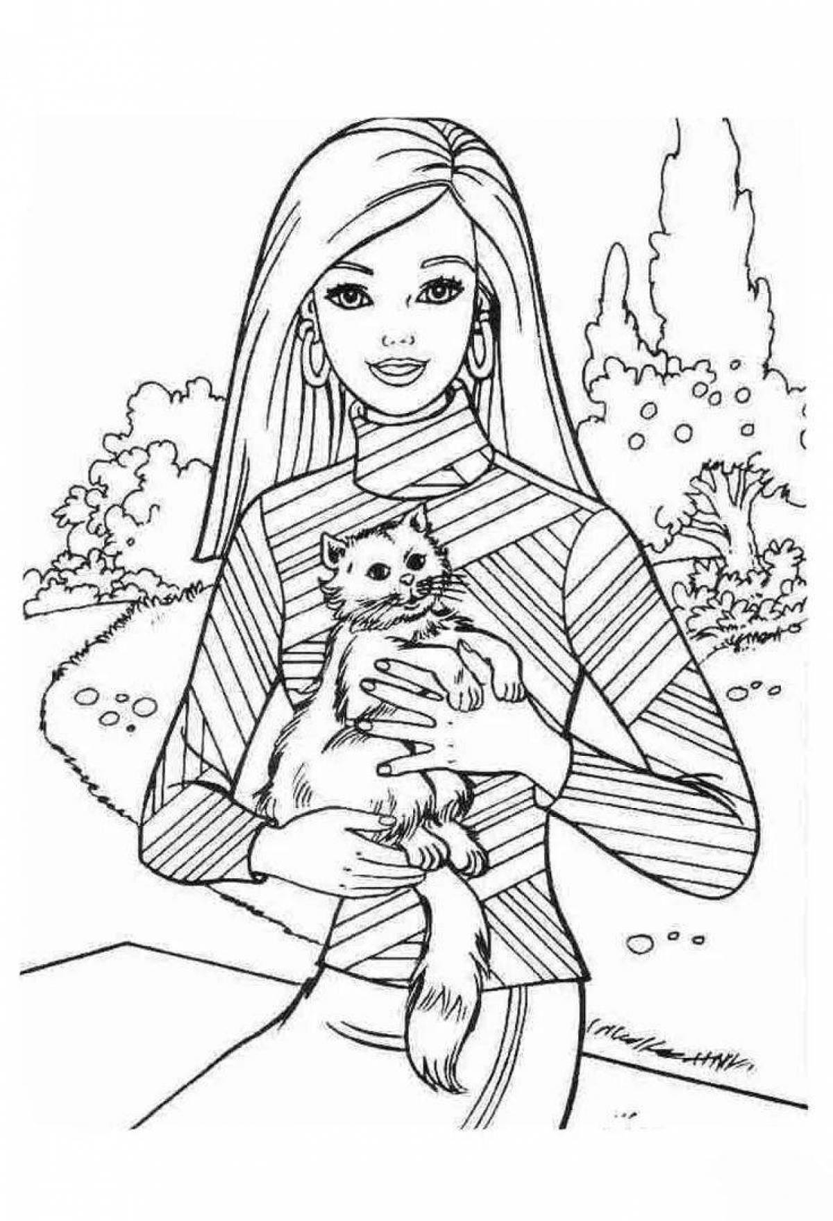 Delightful coloring barbie with a kitten