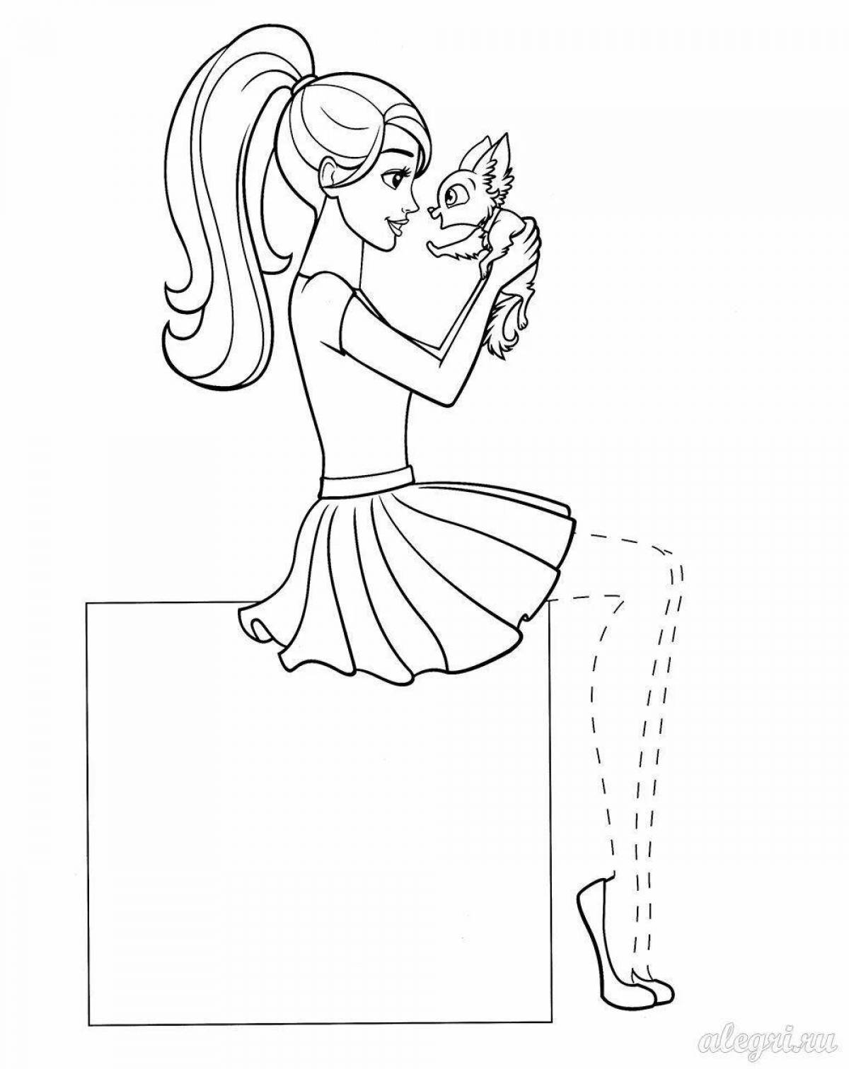 Coloring page graceful barbie with a kitten