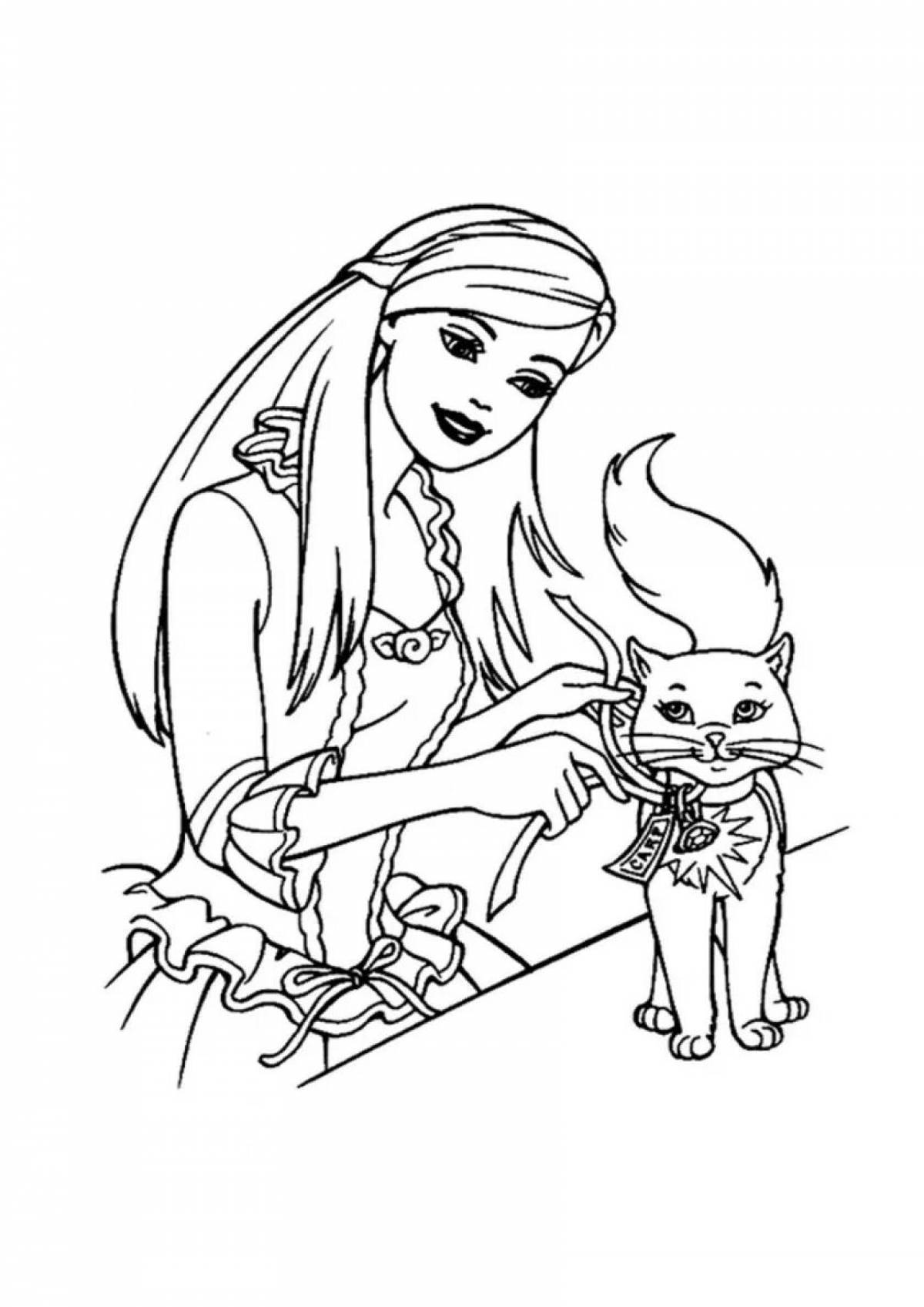 Fun coloring book Barbie with a kitten