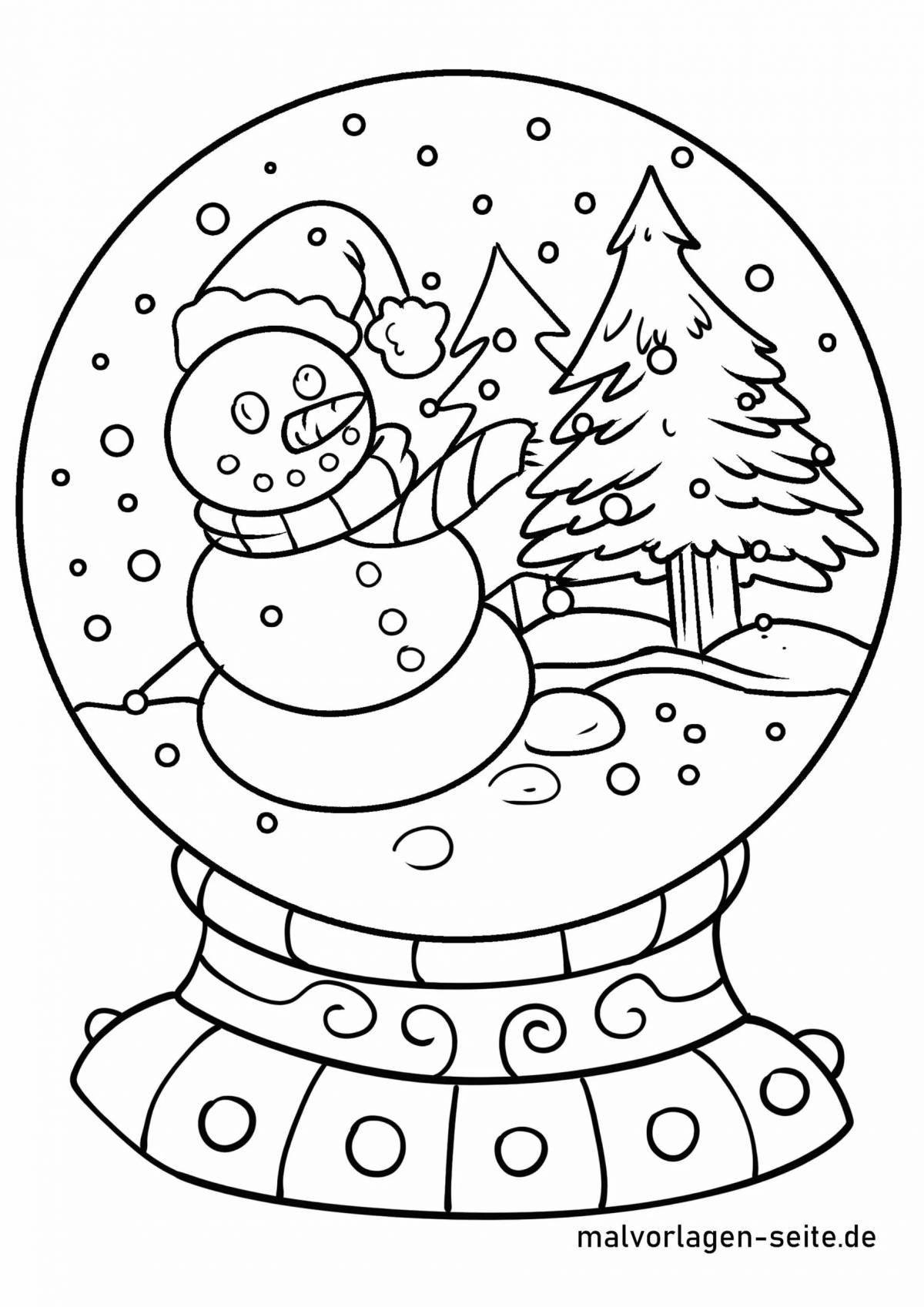 Glowing coloring book snowman in a balloon