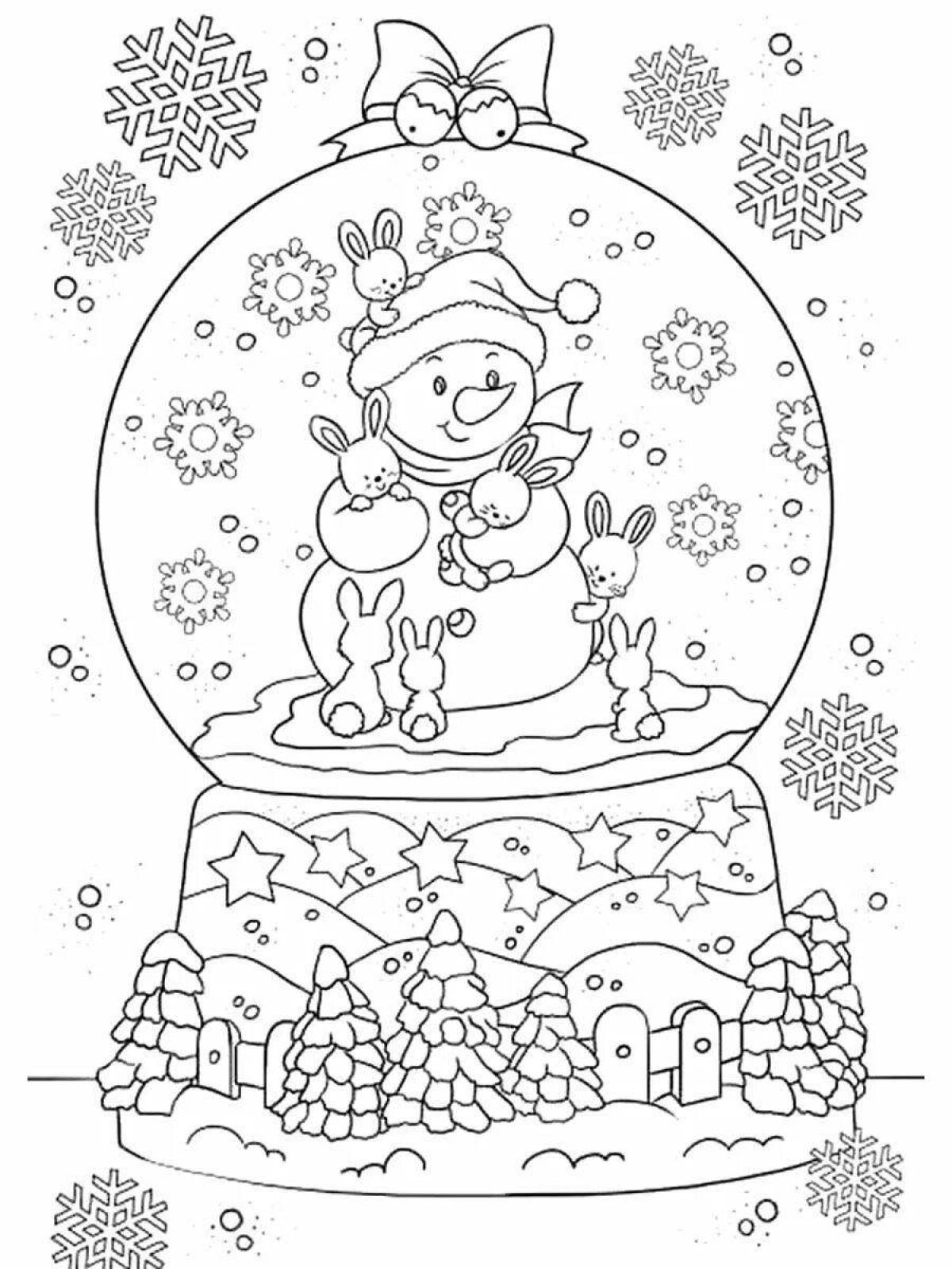 Sparkling coloring book snowman in a balloon