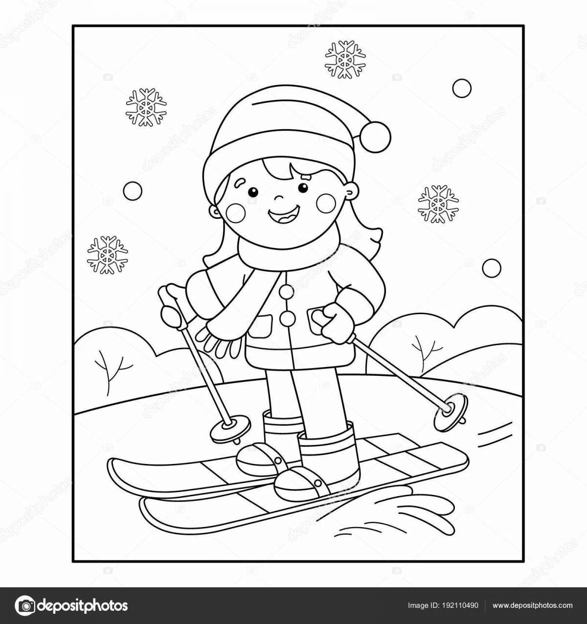 Coloring book of an energetic skier for children