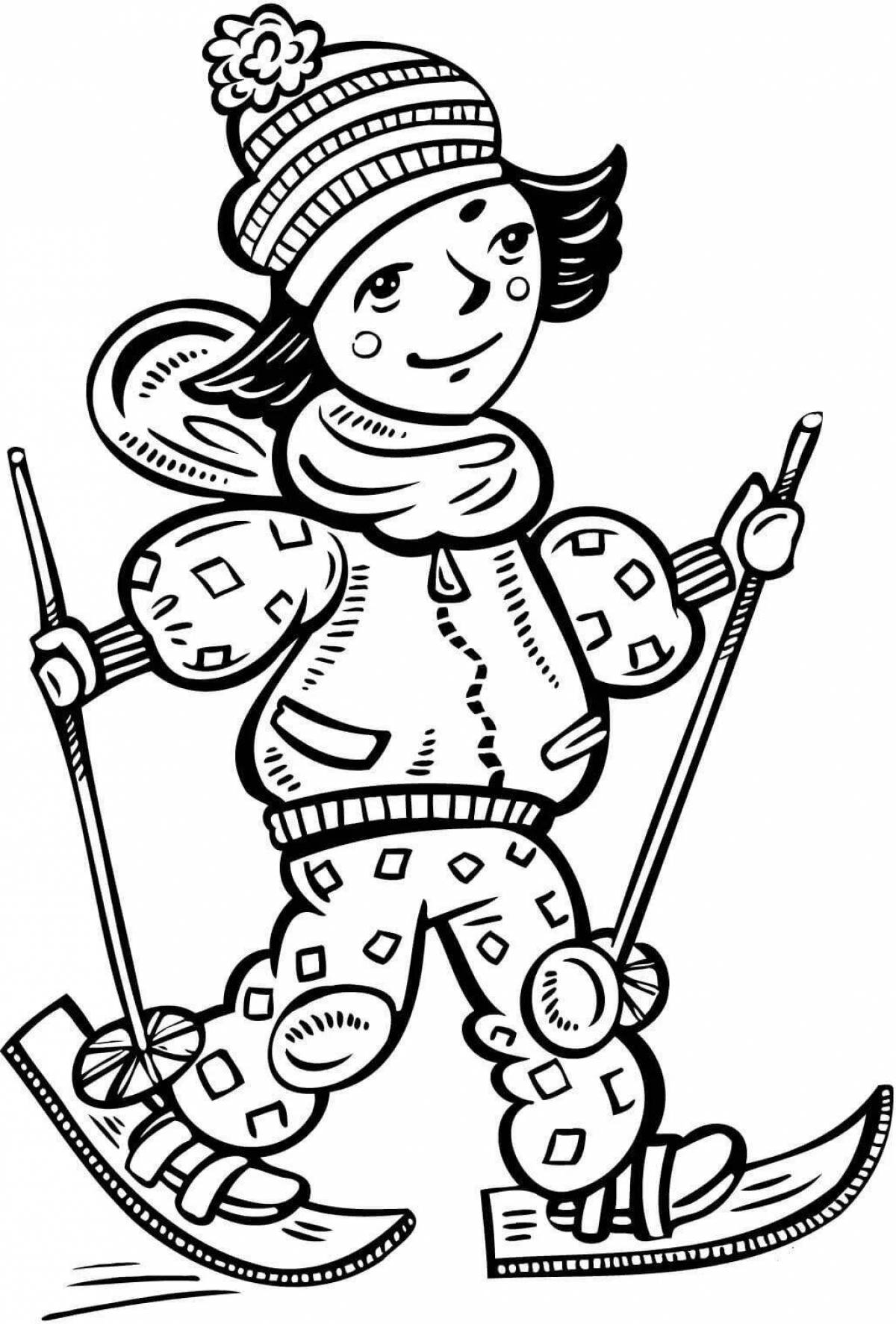 Fun coloring book skier for kids
