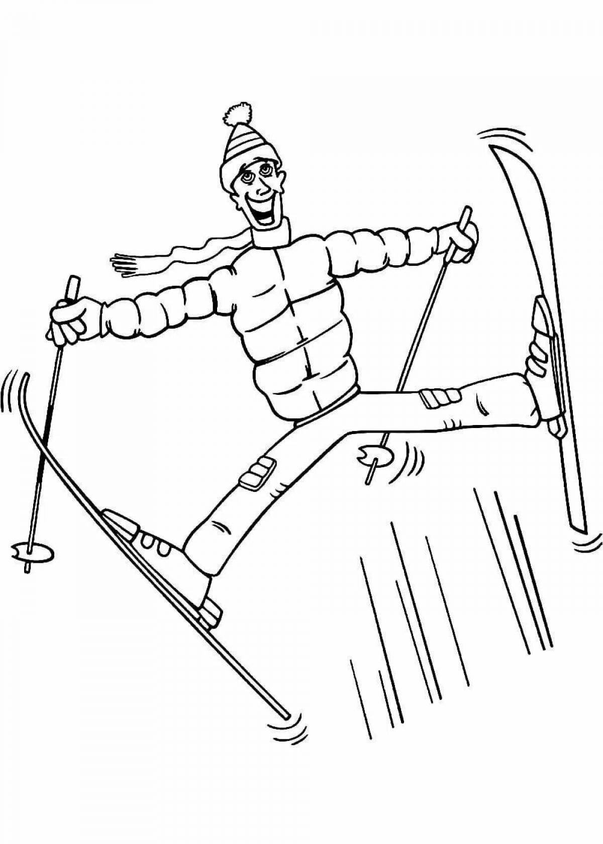 Animated skier coloring page for kids