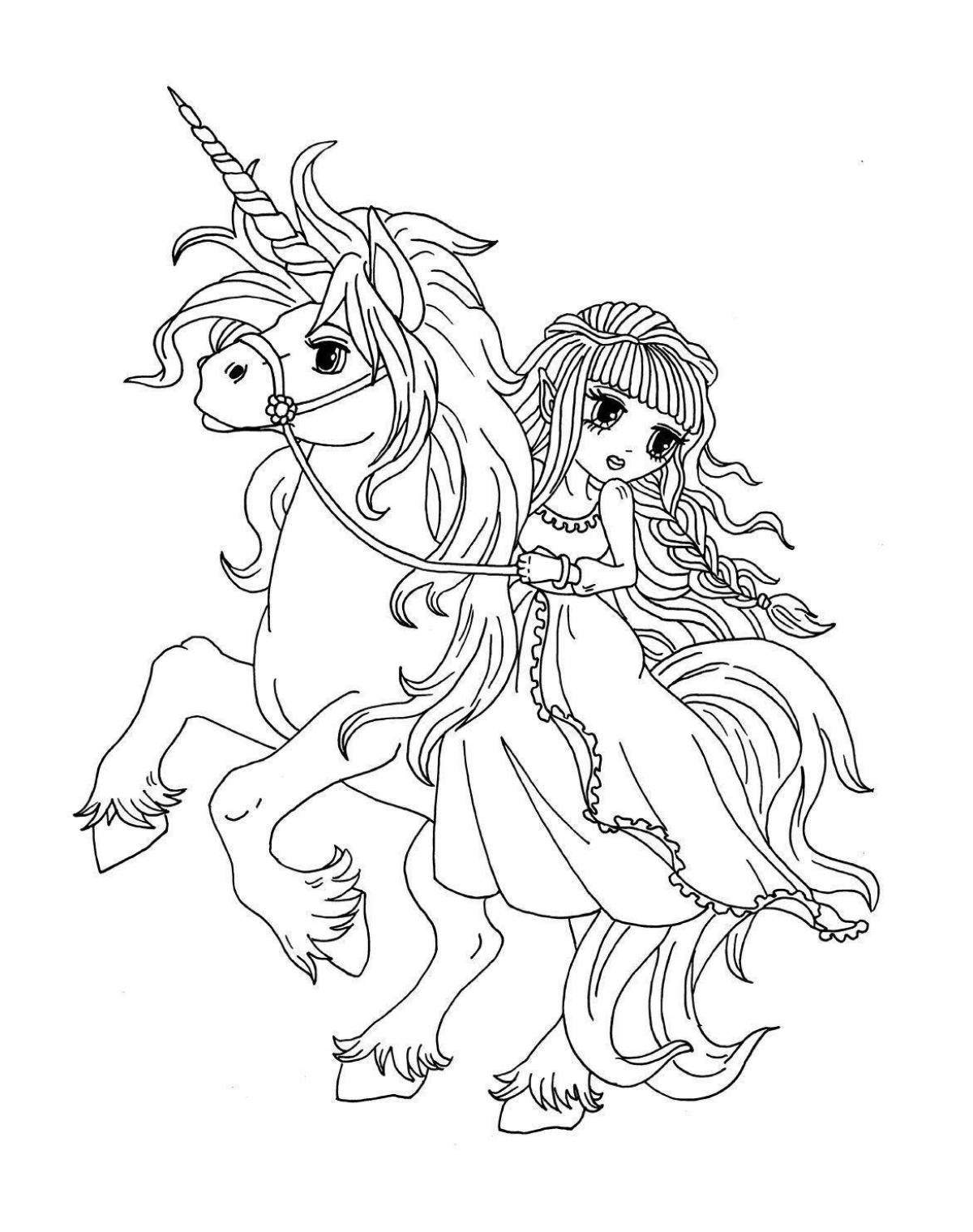 Blooming fairy and unicorn coloring page