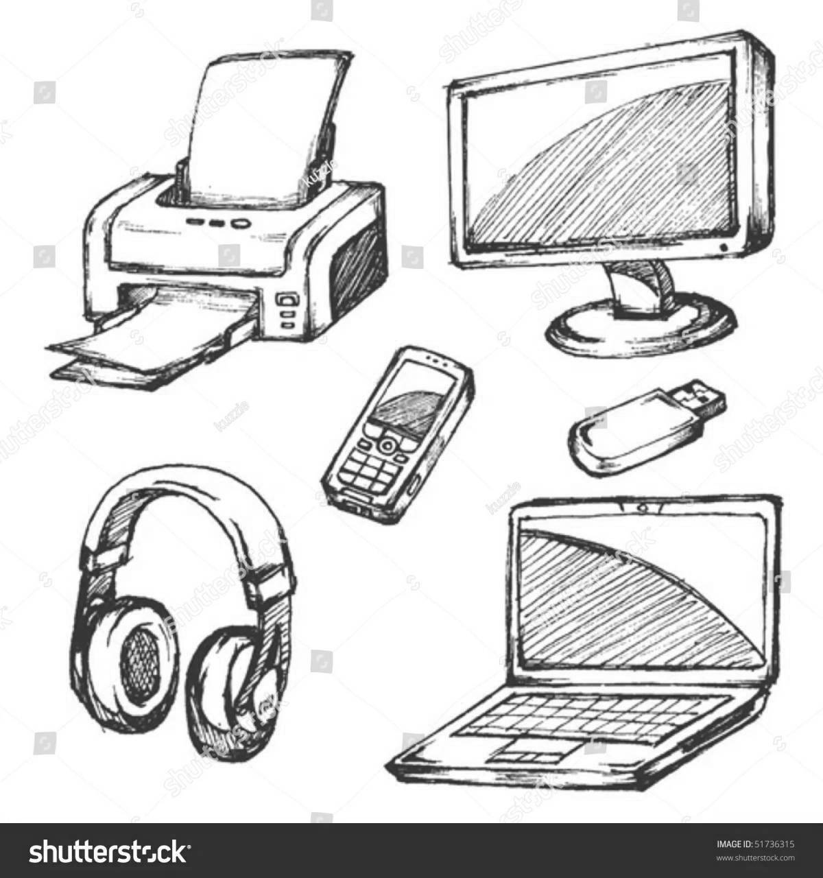 Playful computer and phone coloring page