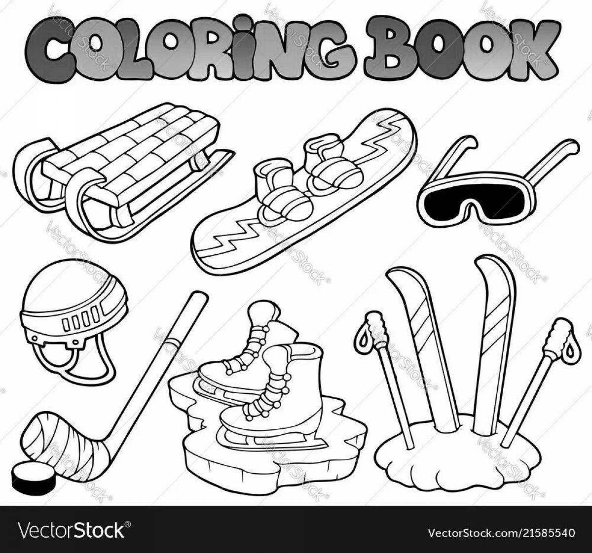 Animated skis, skates, sleds, coloring book