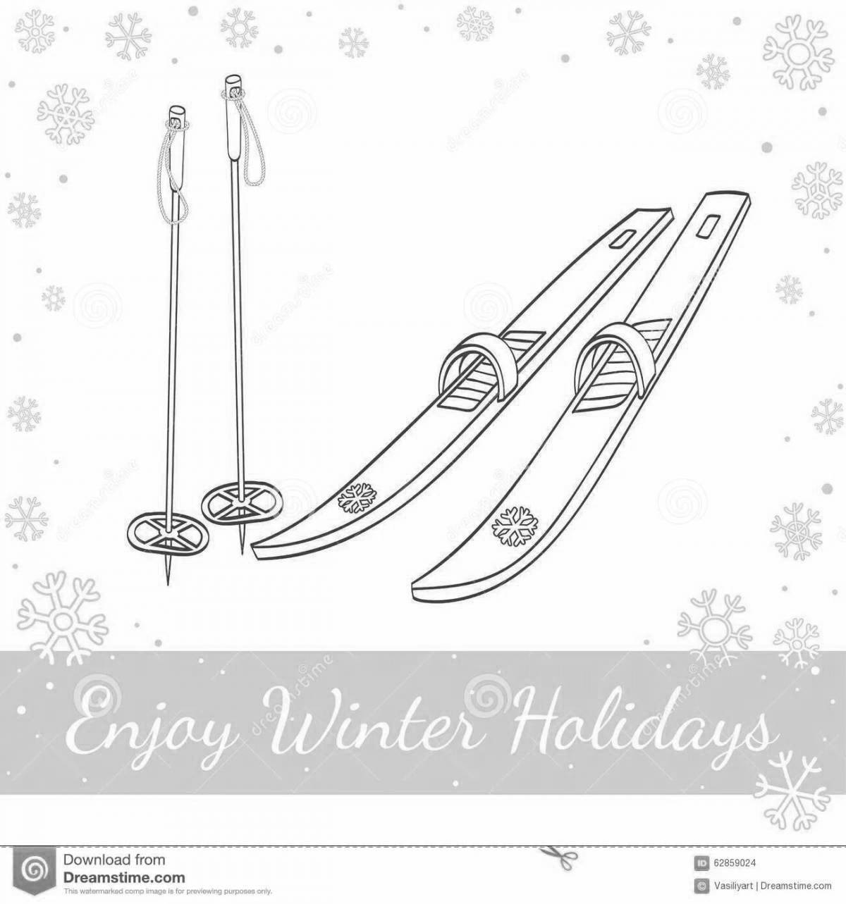 Shiny skis, skates, sleds, coloring book