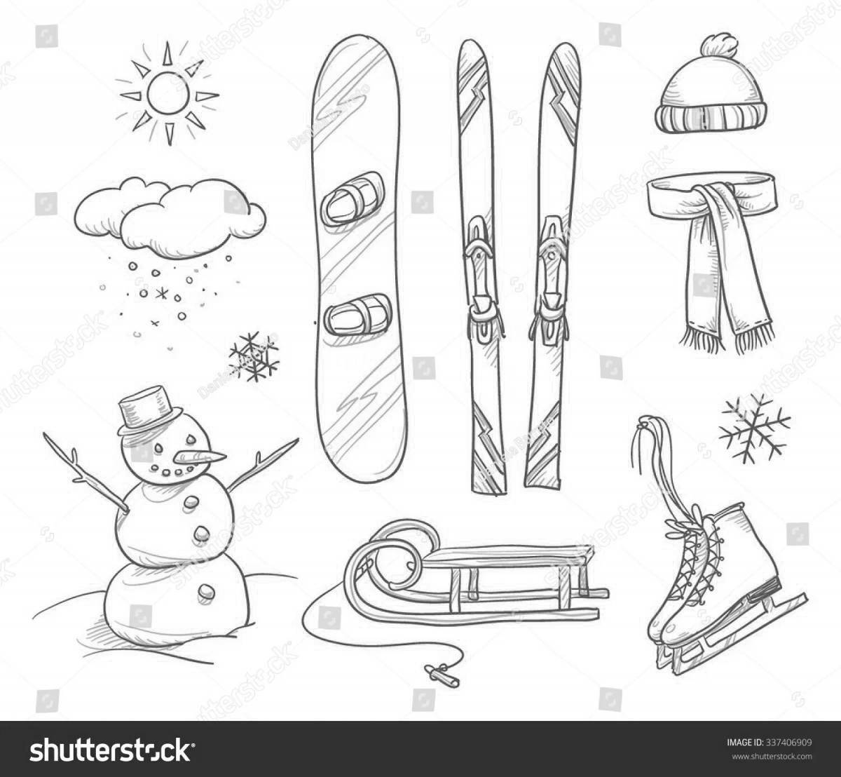 Colored bright skis, skates, sledges, coloring book