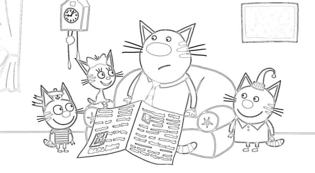 Fluffy family of three cats coloring page