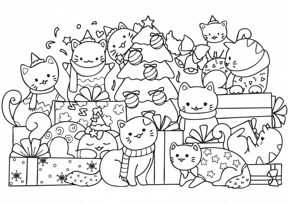 Glowing cat Christmas coloring book