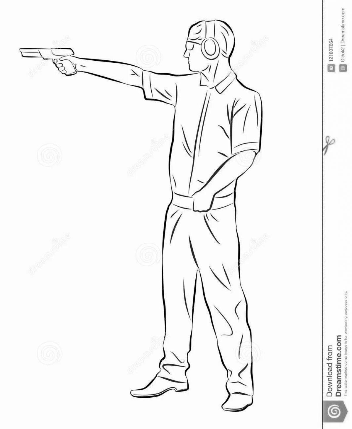 The man with the gun calmly coloring the page