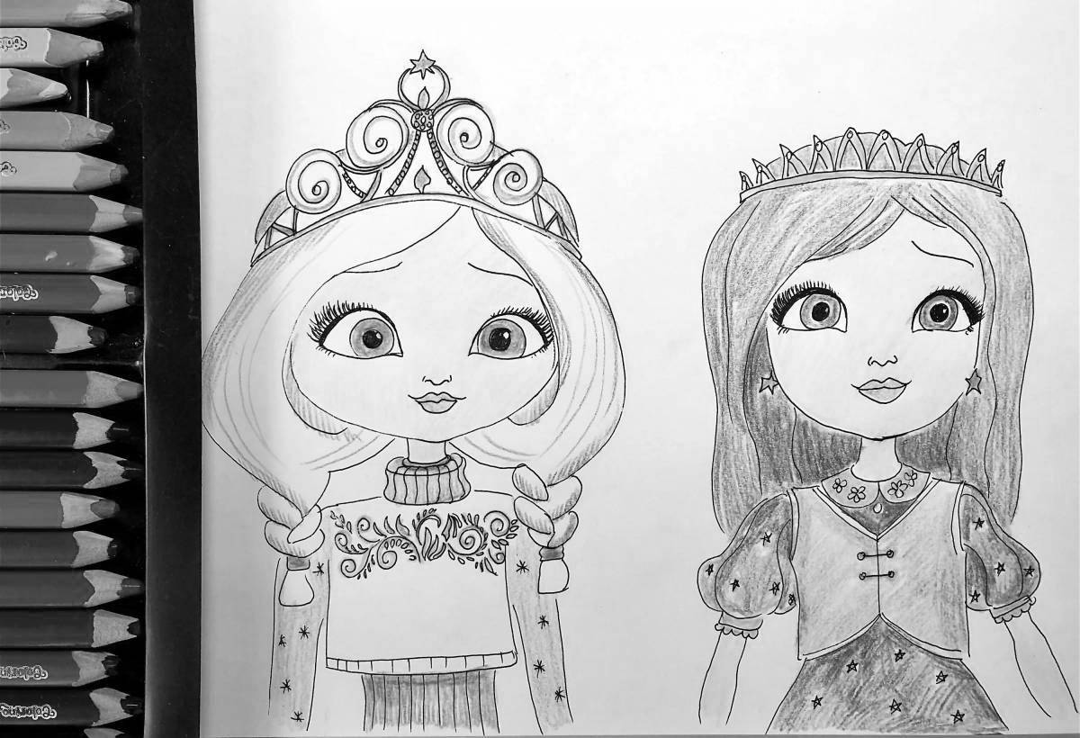 Joyful coloring pages of princesses together