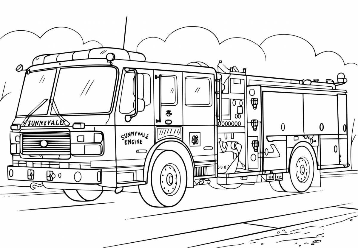 Удивительная страница раскраски пожарной машины для юниоров