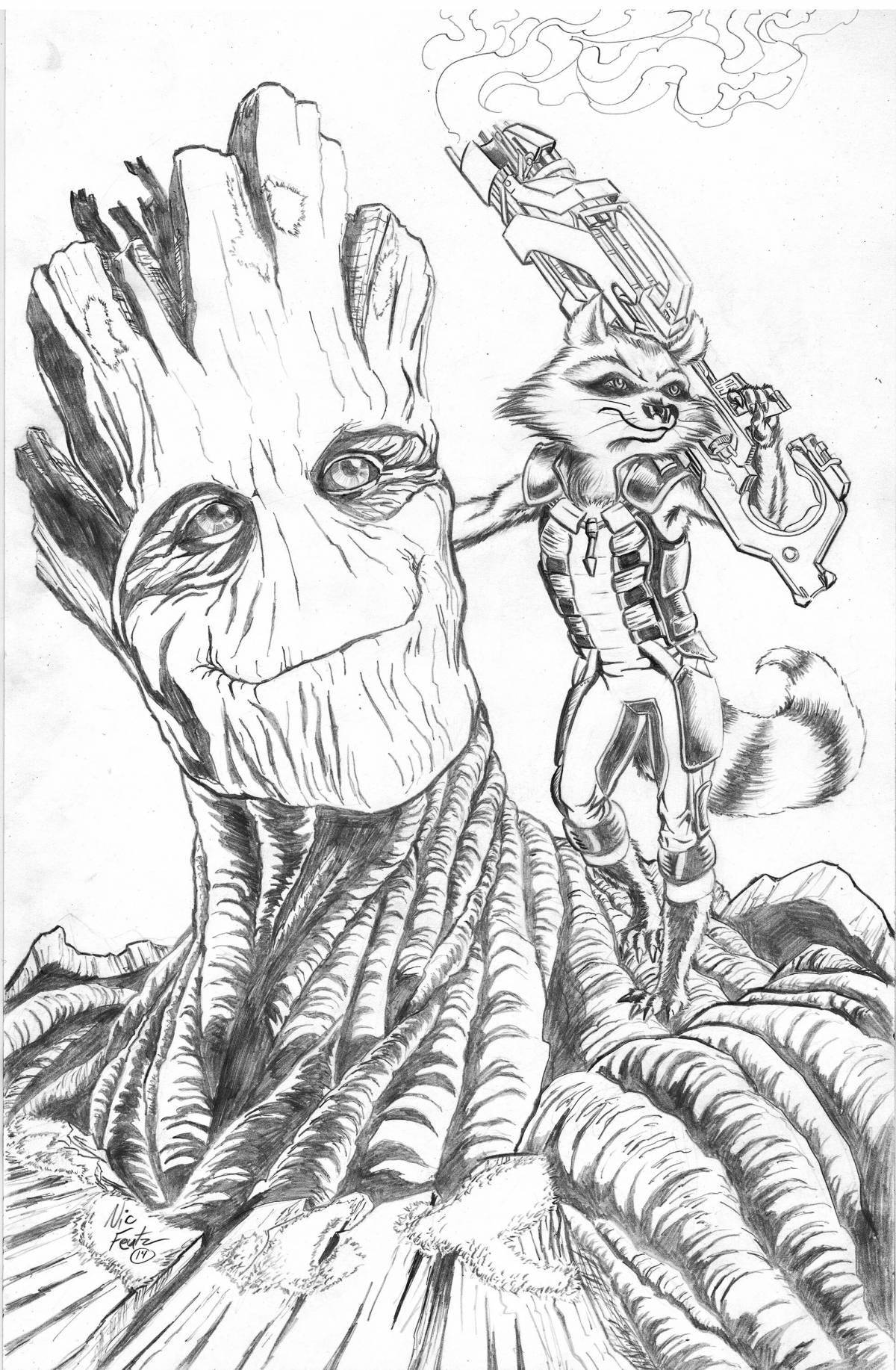 Groot and raccoon funny coloring book