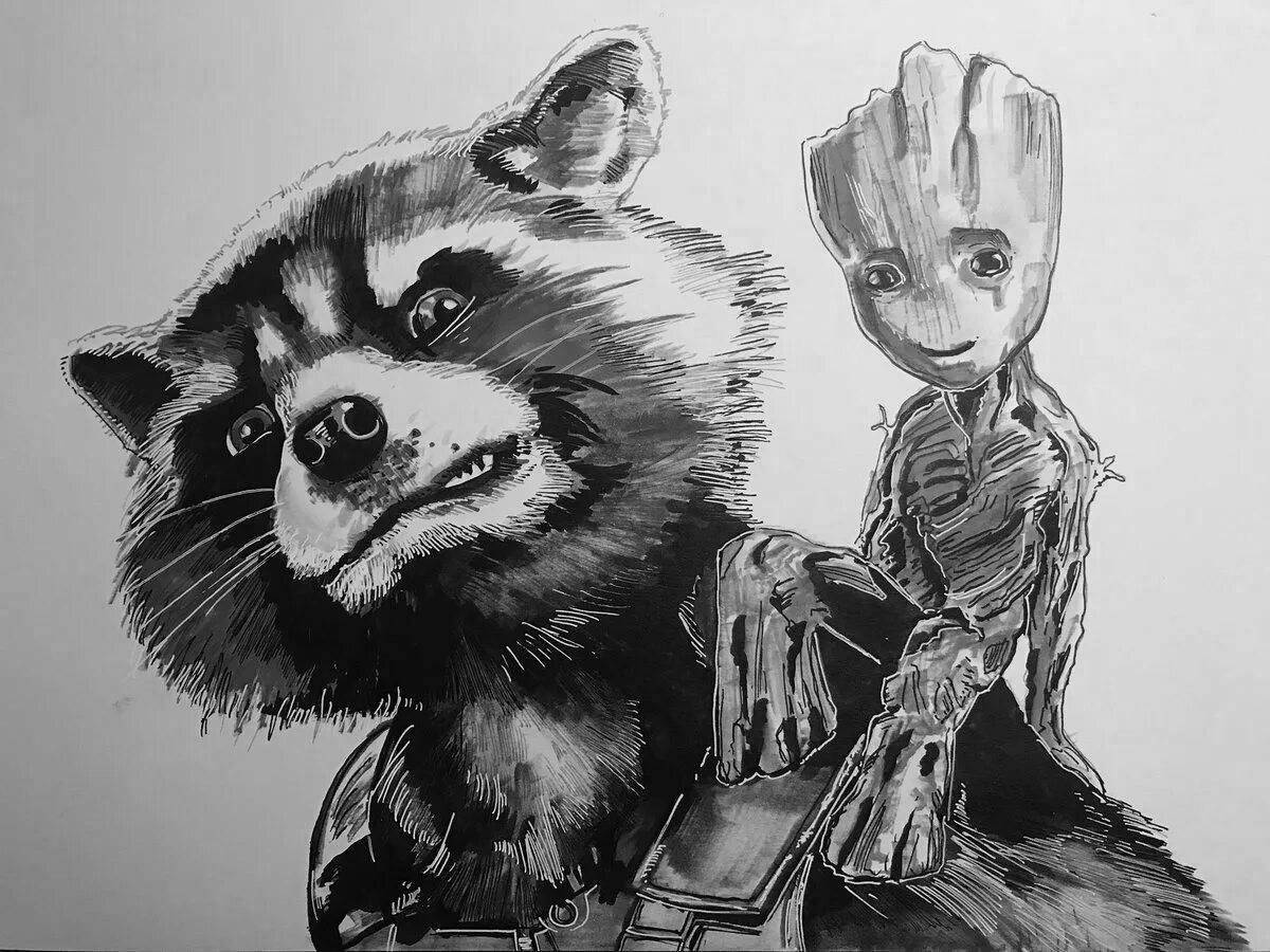 Color-brilliant groot and raccoon coloring page