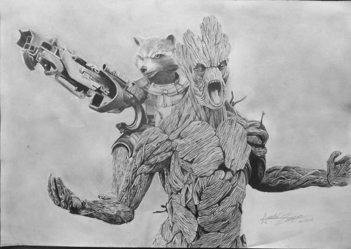 Color-radiant groot and raccoon coloring page