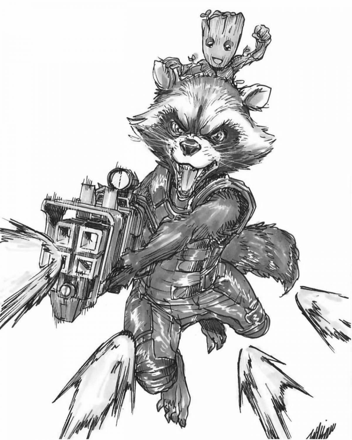Colorful dazzling groot and raccoon coloring page