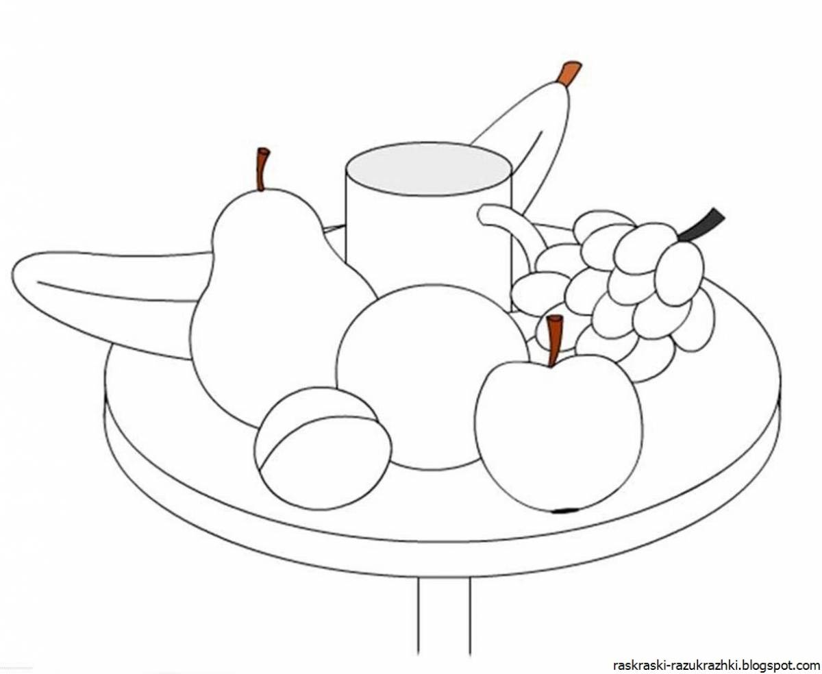 Натюрморт раскраска. Раскраска натюрморт с фруктами на столе. Натюрморт раскраска для детей. Натюрморт с фруктами для детей раскраска.