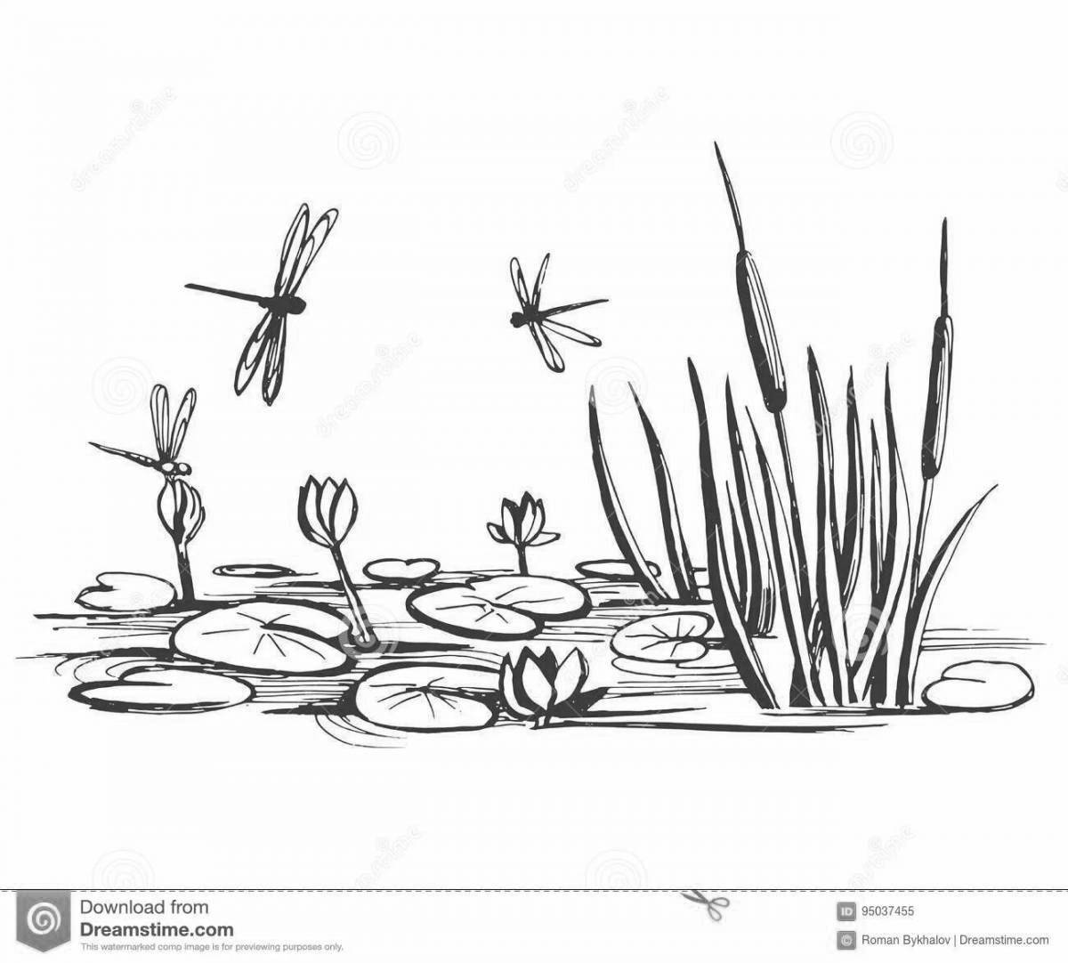 Рисование камышей на болоте
