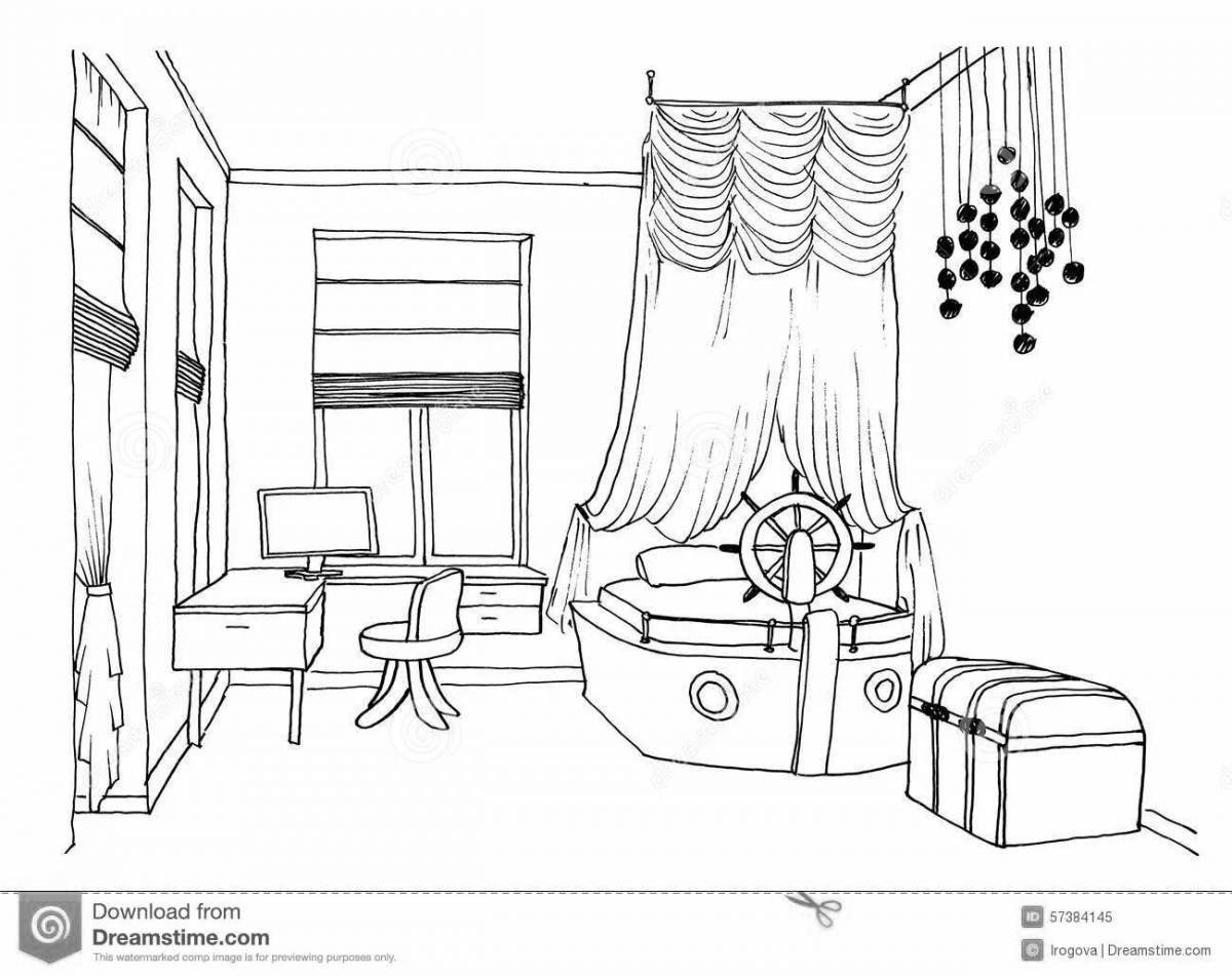 Рисунок детской комнаты с мебелью карандашом
