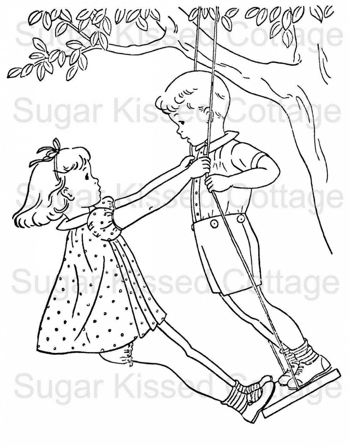Coloring page playful brother and sister