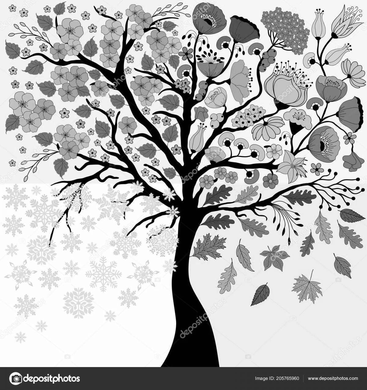 Coloring book poised seasons tree