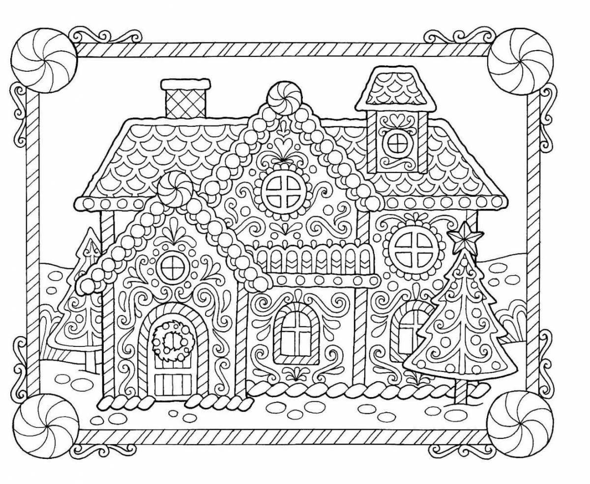 Веселая раскраска рождественский пряничный домик