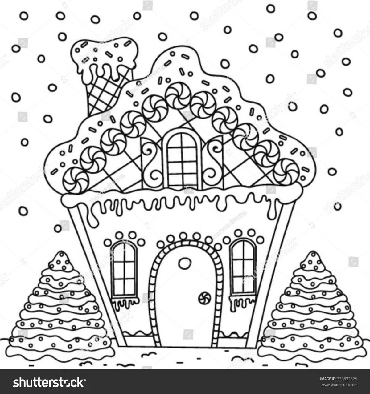 Decorated Christmas gingerbread house coloring book