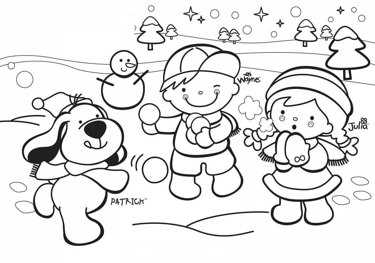 Playful coloring for children outdoors in winter