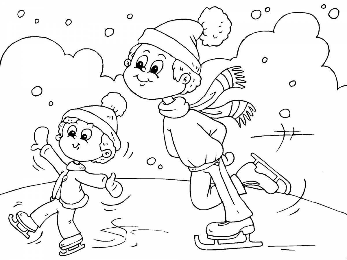 Radiant coloring page children outdoors in winter