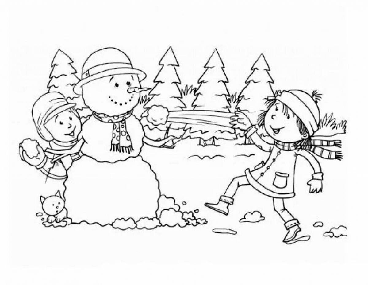 Luminous coloring book for children outdoors in winter