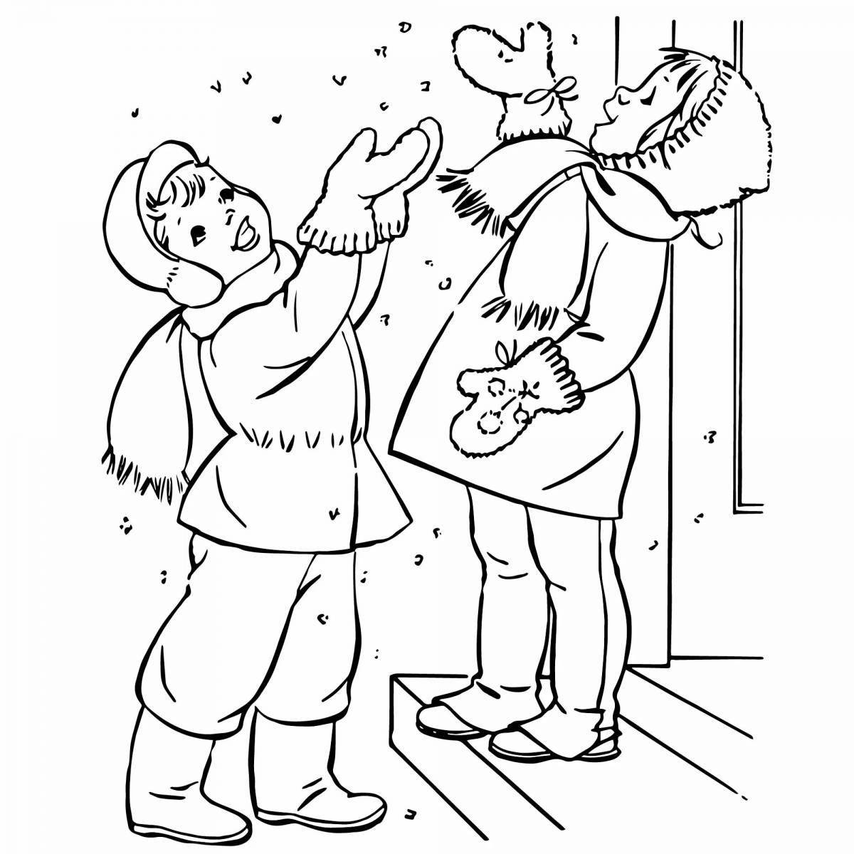 Exquisite coloring book for children outdoors in winter