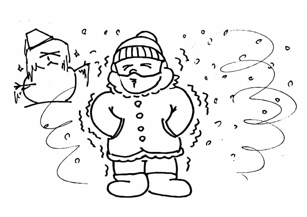 Joyful coloring book for children outdoors in winter