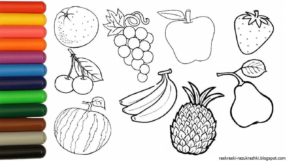 Interesting coloring book fruits and vegetables