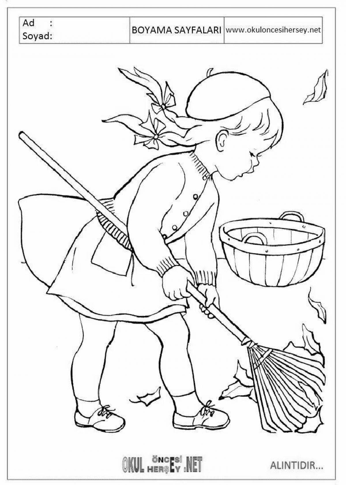 Colourful house cleaning coloring book for kids