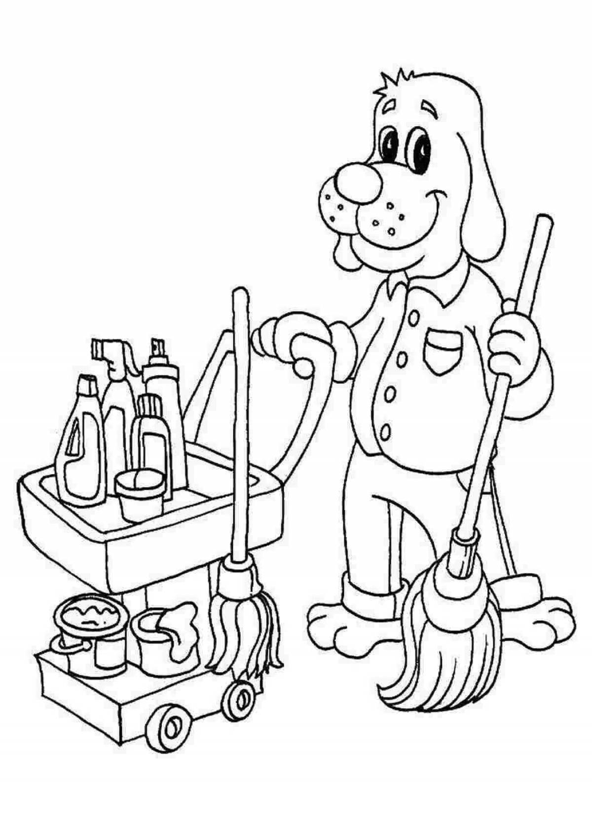 Coloring page joyful house cleaning for kids