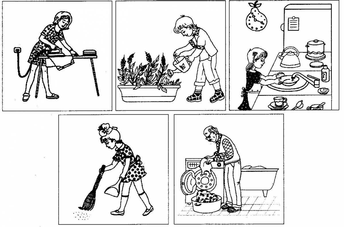Adorable house cleaning coloring page for kids