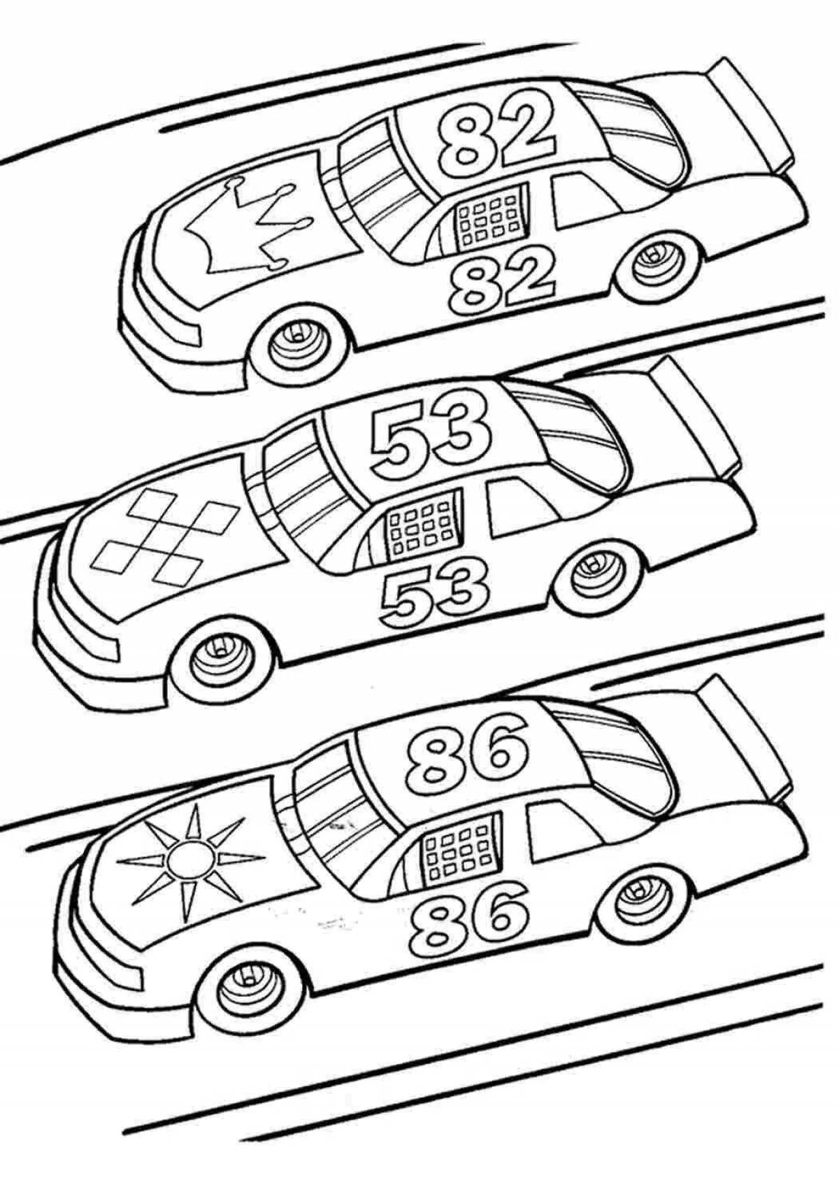Coloring page with bright racing car