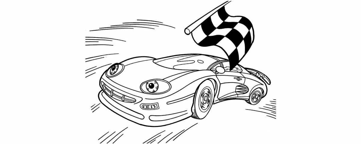 Artistically rendered racing car coloring page